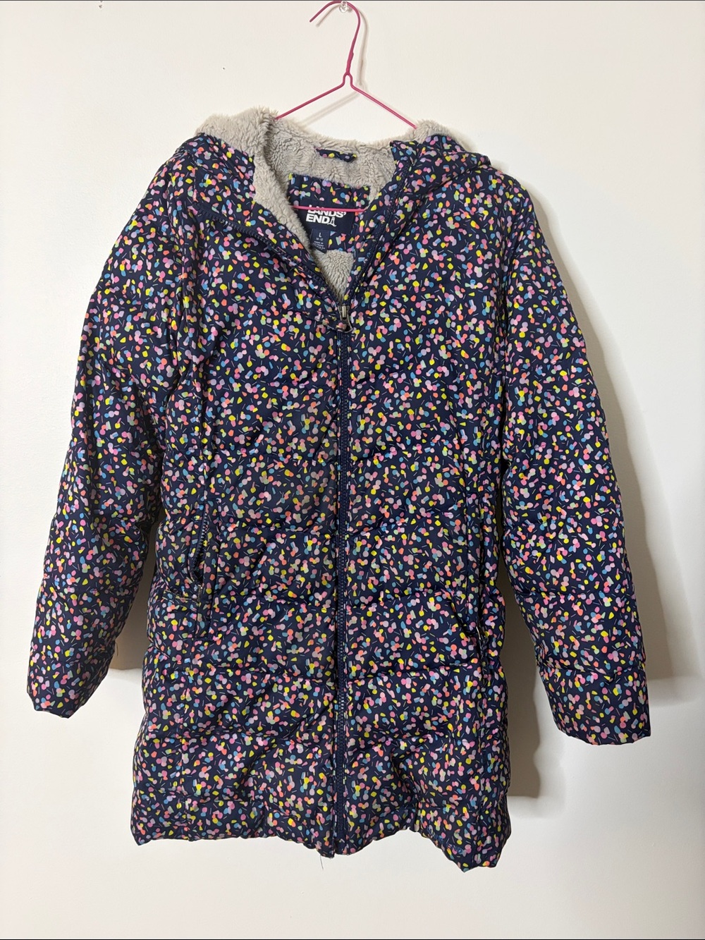 Lands' End Navy Puffer Jacket with Multicolor Print